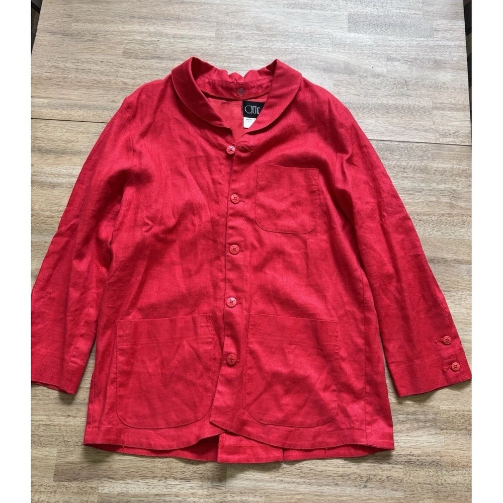 Vintage Red Linen Jacket Blazer Retro Baggy  Coastal Cargo Pockets 80s 90s XL